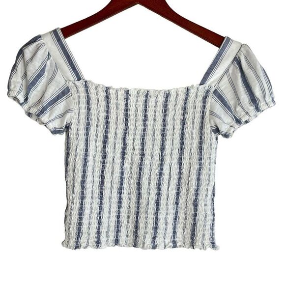 Mudd Womens Striped Button Front Smocked Puff Sleeve Top White Blue Size Small - Picture 2 of 14